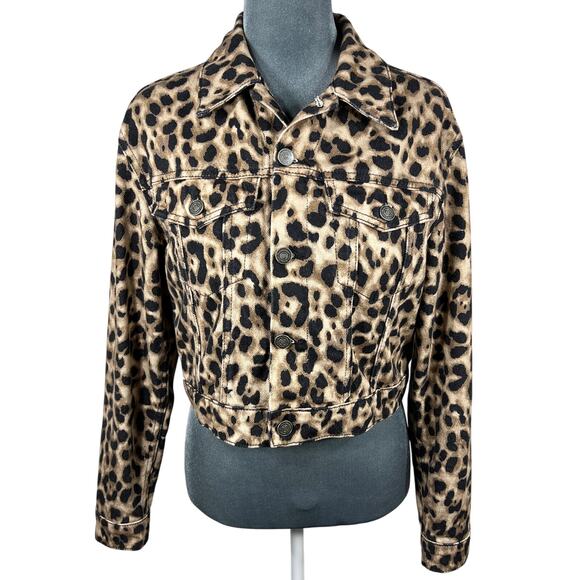 Reformation Leopard Print Jean Jacket Sz Small Tan/Black Cropped Trucker Denim - Picture 1 of 8